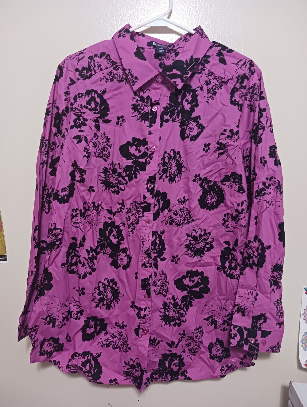 Romans Womens Black Purple  Floral Button-Down Shirt 20w A-12